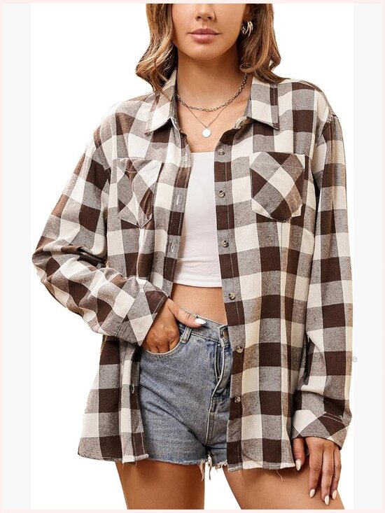 Tops - Long Sleeve Button Down Plaid Flannel Shirt Casual Work Tops
